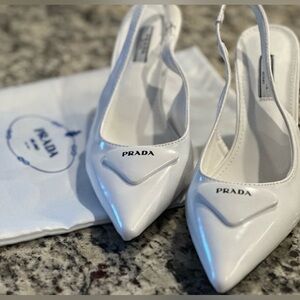 Prada white brushed leather sling back pumps